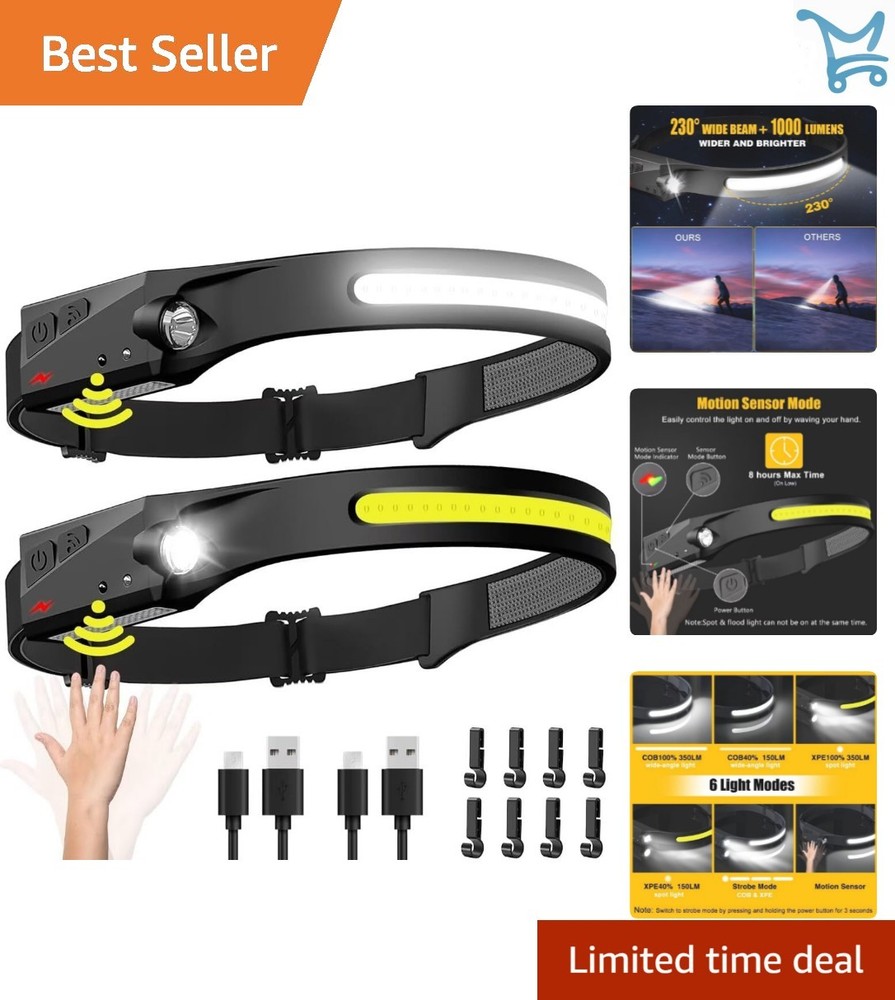Rechargeable Headlamp 2 Pack LED Waterproof 230° Wide Beam Motion Sensor
