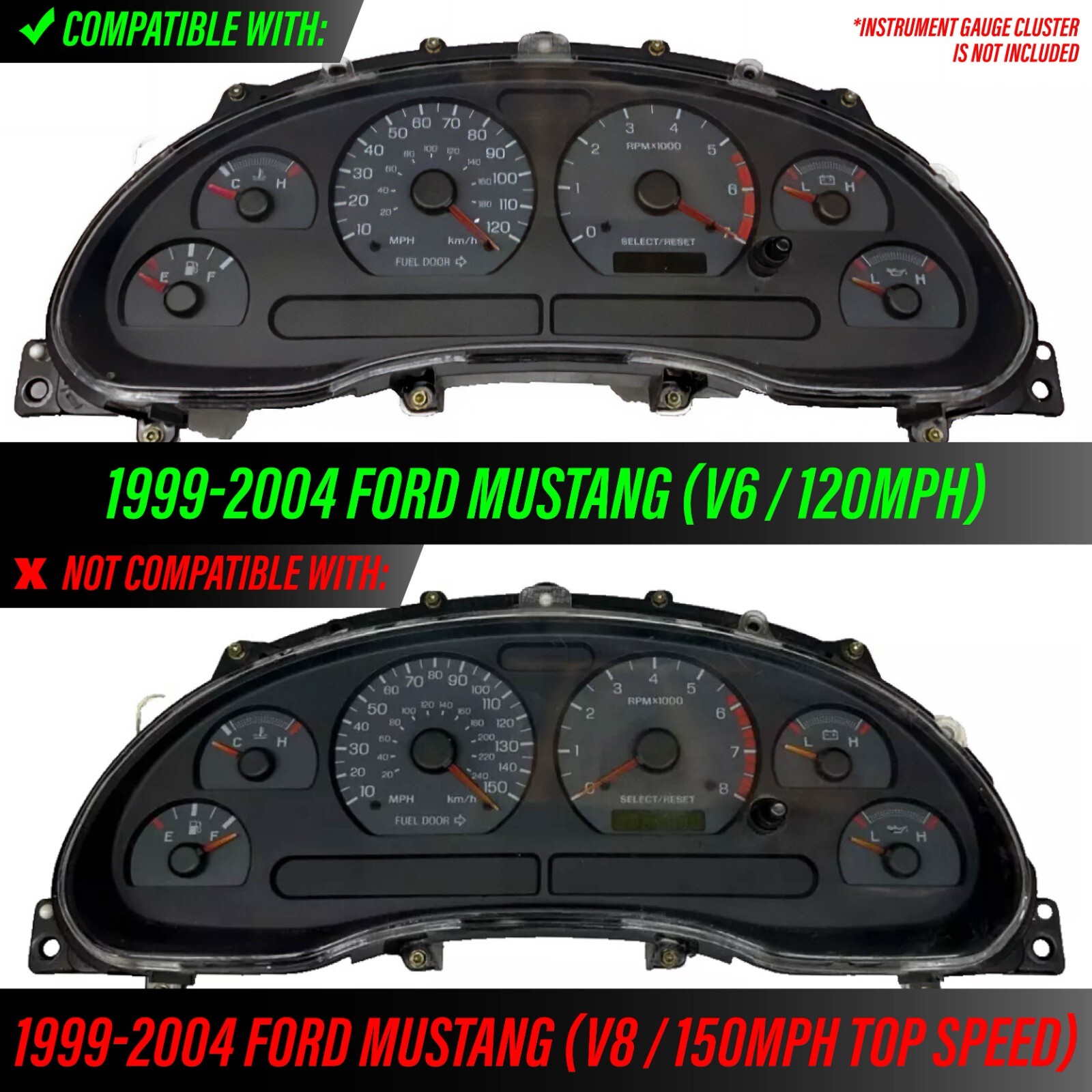 BLUE/GREEN Glow Gauge White Overlay For 99-04 Ford Mustang V6 120MPH Cluster