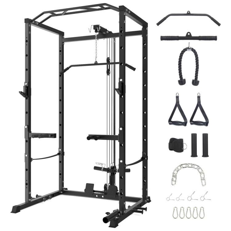 Power Cage ,Multi-Functional Power Rack w/Pulley System ,J-Hooks Dip Bar Workout