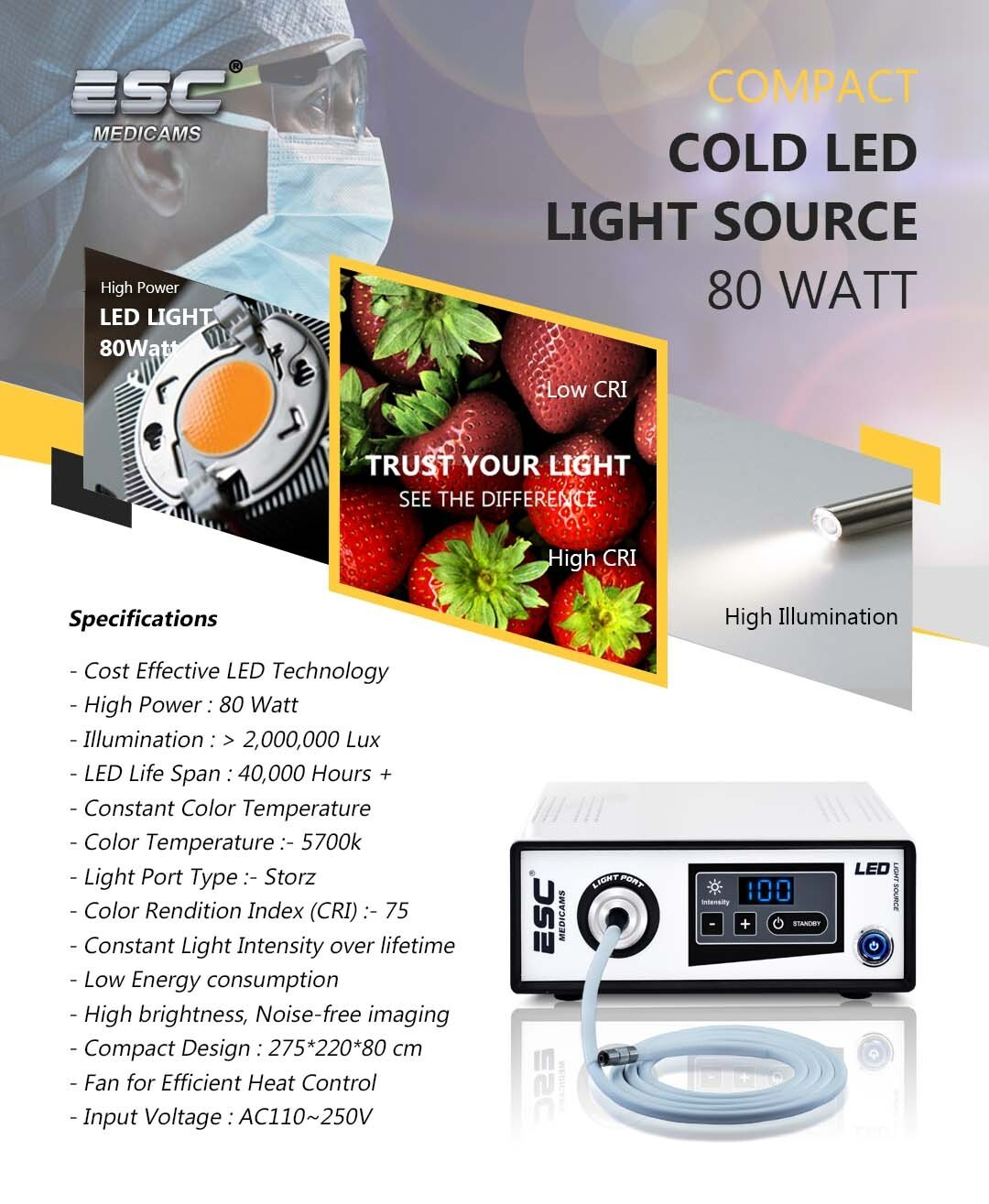 Portable Cold LED Light Source 80W with Fiber Optic for Medical Endoscopy Camera