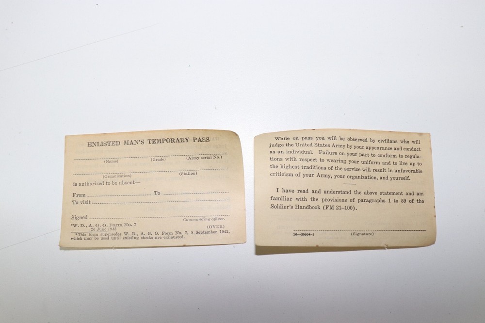 WWII US Enlisted Man's Temporary Pass form no 7 (26 June 1943) each E4366
