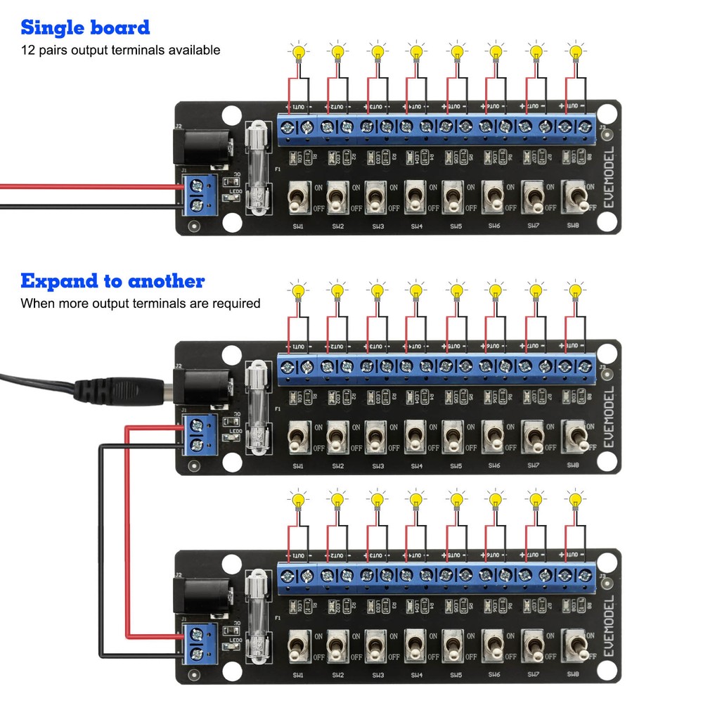 Evemodel 3V-24V DC Individual Toggle Switch Power Distribution Module 8 Channel
