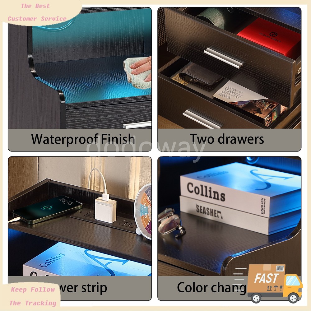 2 Set Black Bedside Table Nightstand End Side Table With USB Charging Station