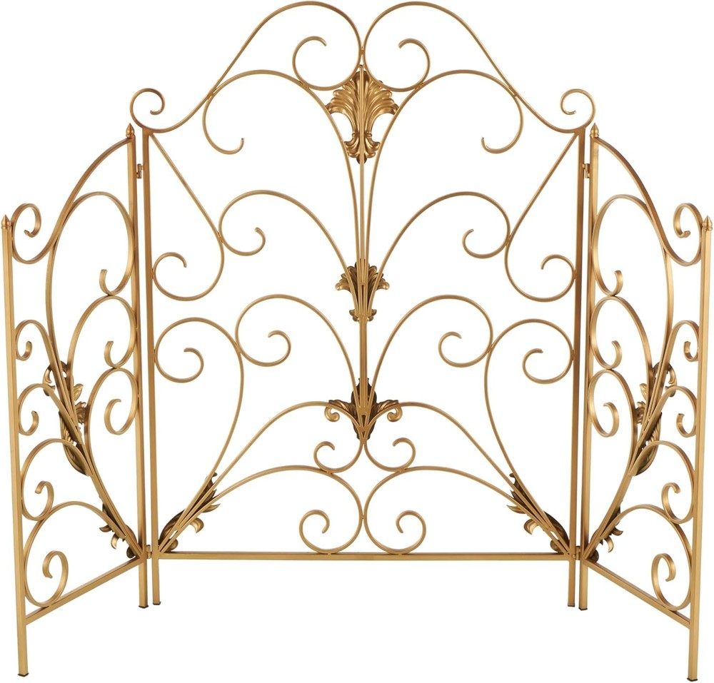 Fireplace Screen Metal Scroll 3 Panel Gold