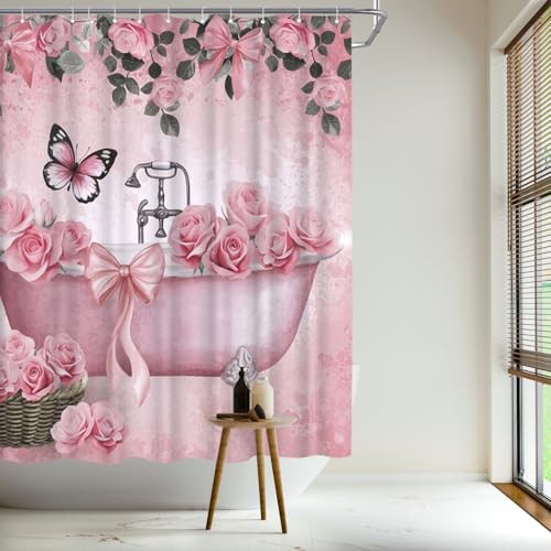 Bow Shower Curtain Rose Flower Butterfly Bathtub Painting Printed Cute Pink