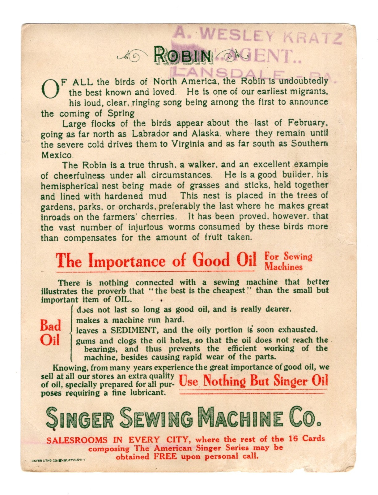 1880-90s - American Singer Sewing Machine Series No. 8 The Robin Card - XL2W