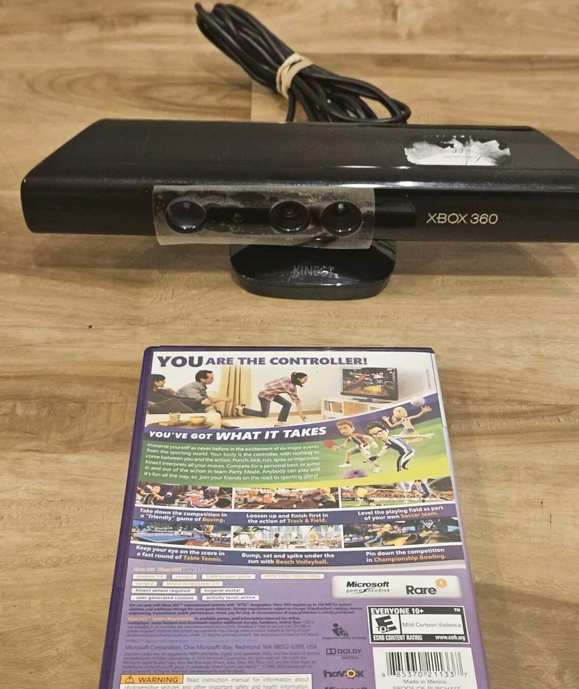 Microsoft Kinect Sensor for XBox 360 with CIB Kinect Sports GAME, MANUAL, CASE
