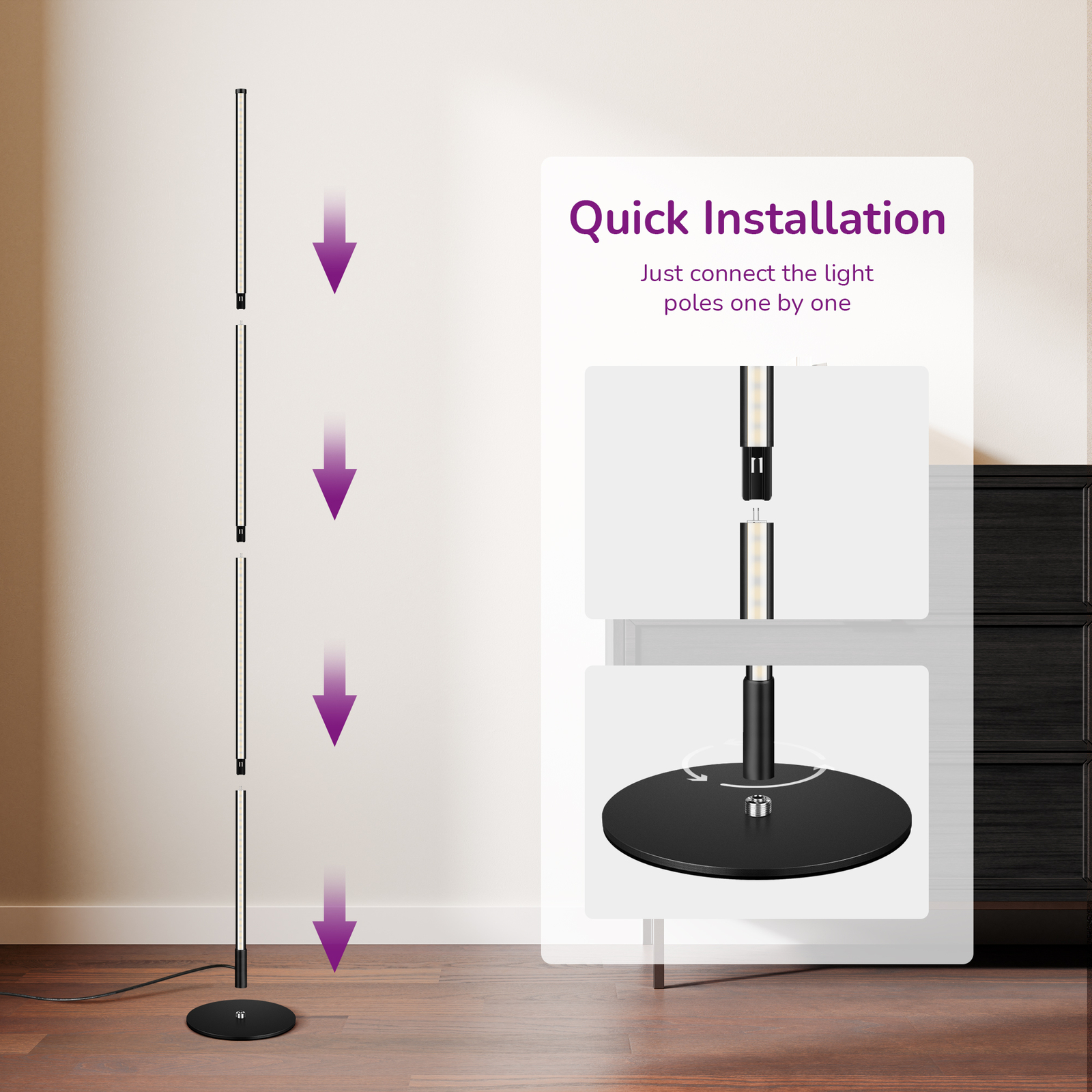 Modern Corner Floor Lamp Dimmable Adjustable Height Tall Standing Light Black