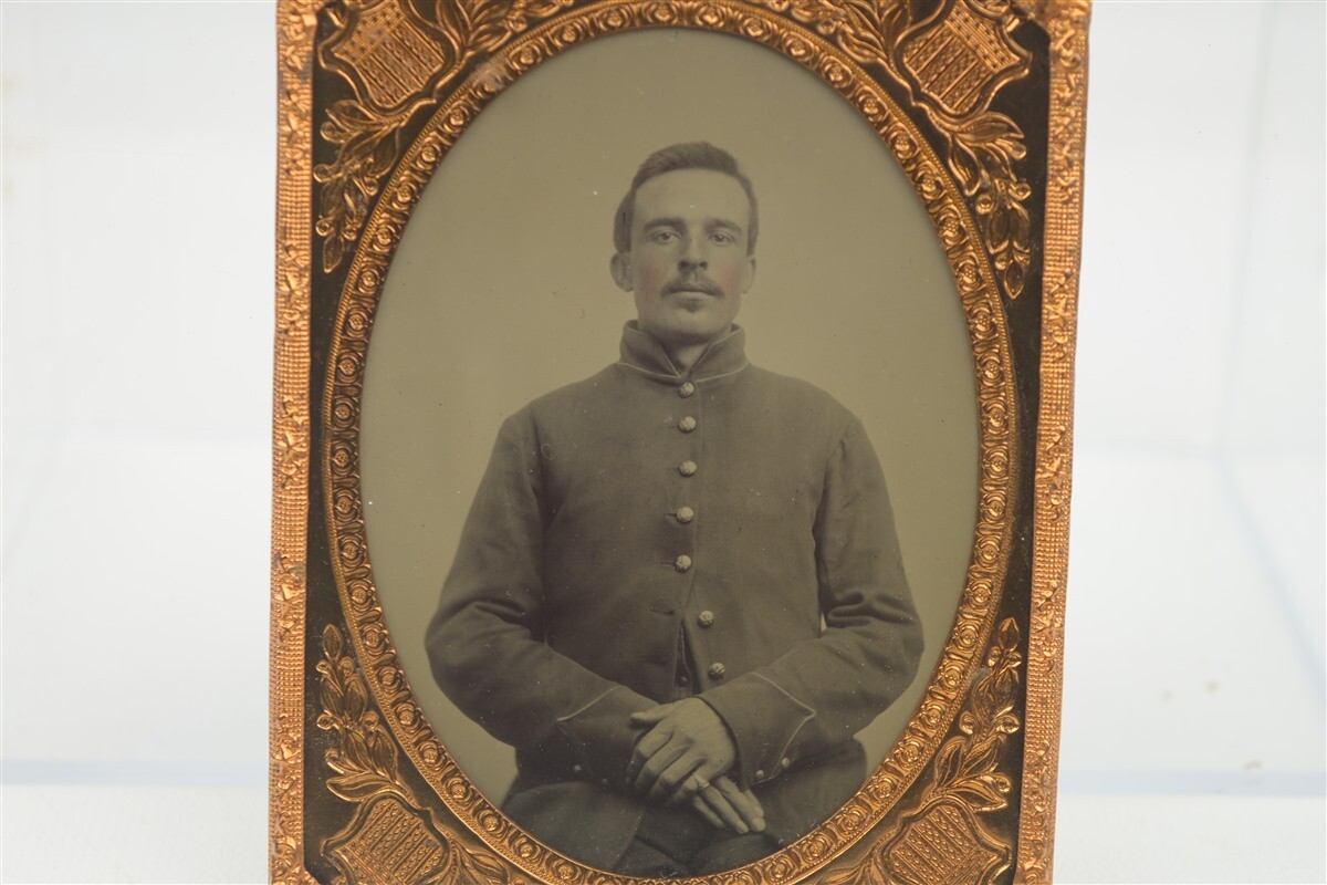 Antique Civil War Photograph Soldier 1/4 Plate Ambrotype Ruby Glass with Brass