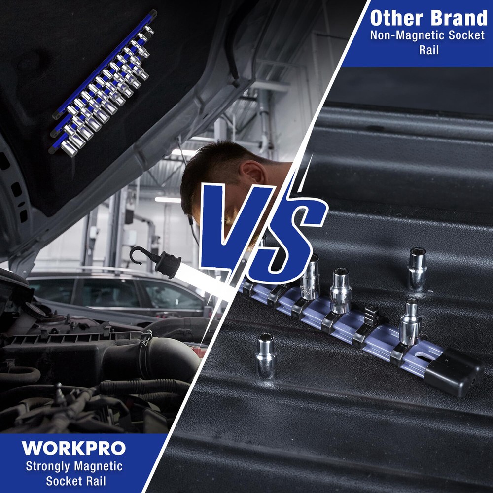 WORKPRO Magnetic Socket Organizer 1/4 Drive Heavy Duty Socket Holder Socket Rail