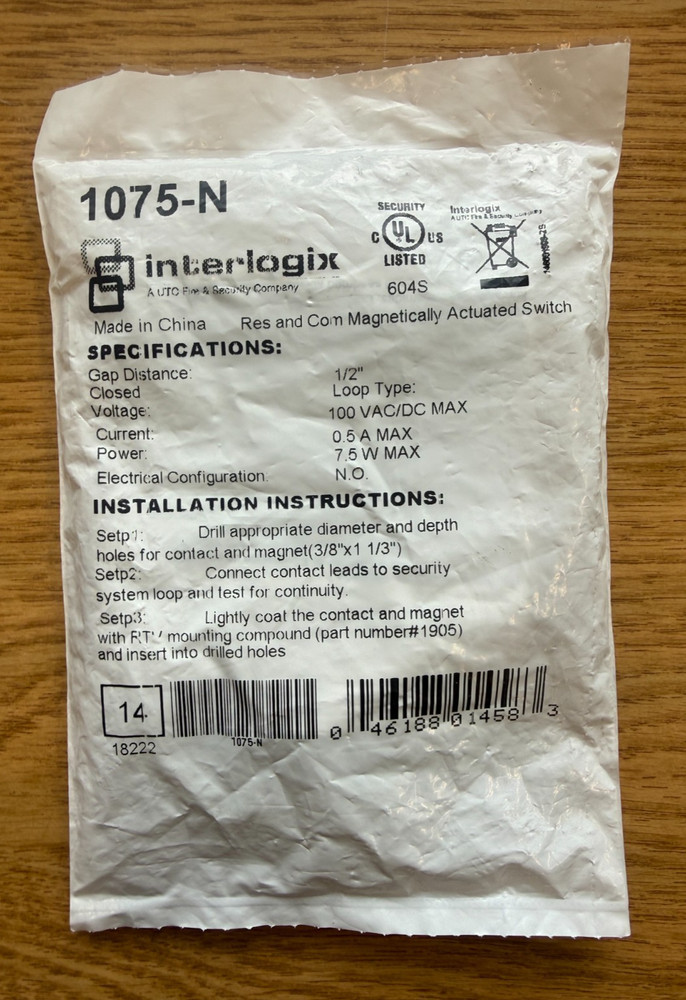 Interlogix 1075-N Recessed Magnetic Door Window Contact
