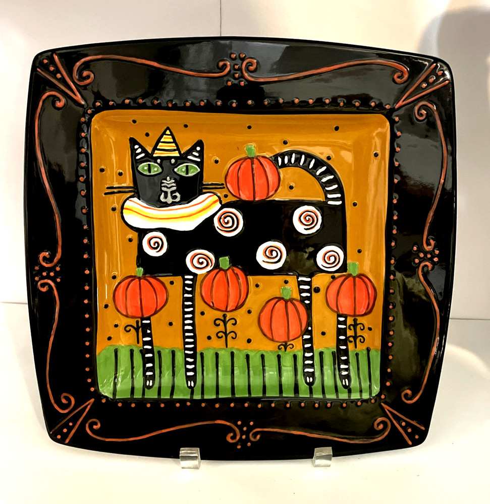 Bloom Bethany Lowe Designs Halloween Cat Pumpkin Square Ceramic Platter 11" FUN