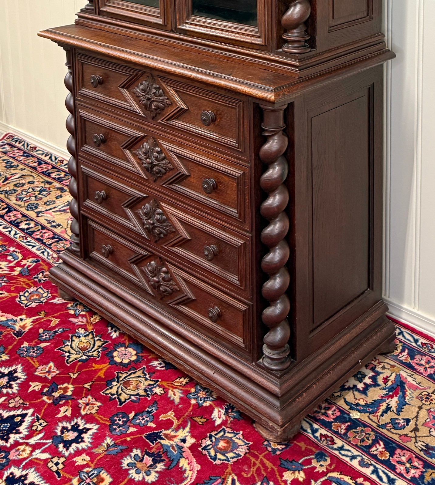 Antique French Bookcase & Chest of Drawers Display Cabinet Barley Twist Oak