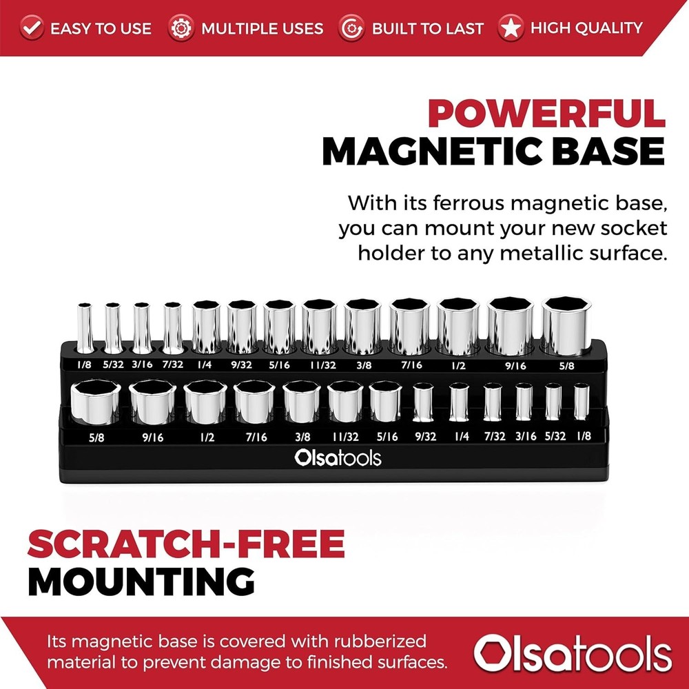 1/4-Inch Drive Magnetic Socket Organizer with Rubberized Base for Easy Mounting