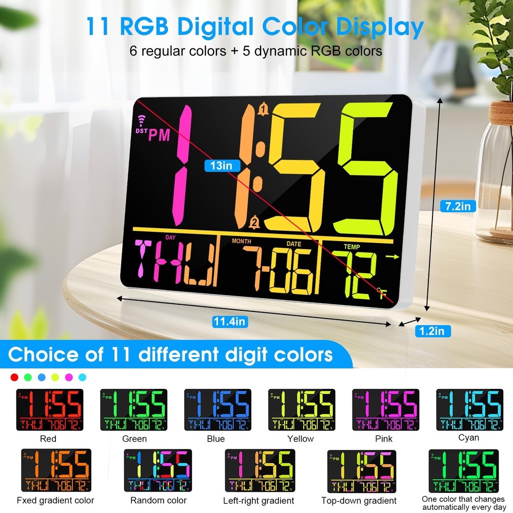 13" Bluetooth Auto Sync Wall Clock- Large Digital Alarm Clock with Remote, RG...