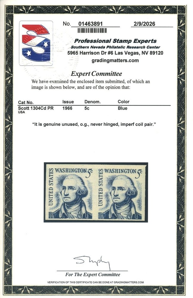 1304Cd, 5¢ Washington Imperf Pair, Mint NH, PSE Certificate, Scott $375