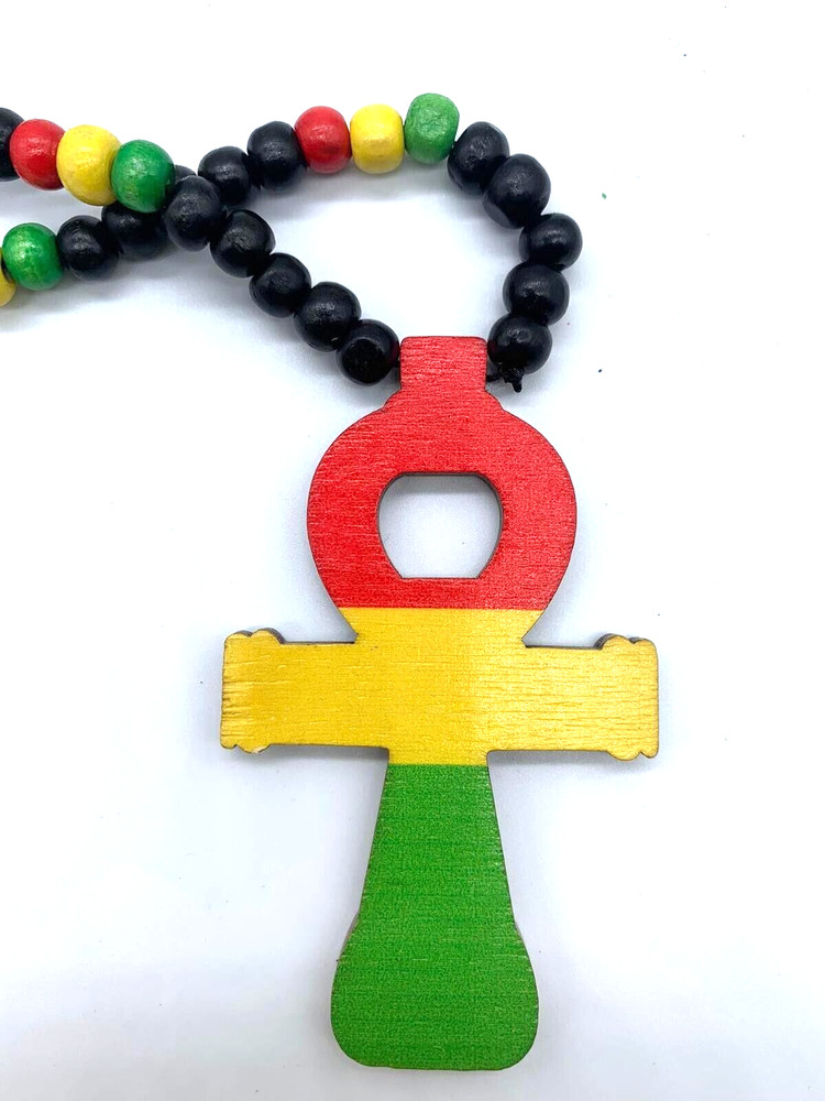 wooden ankh cross necklace rasta colors Egyptian protection religion beads