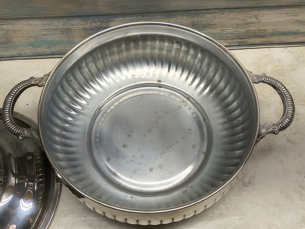 Silverplate round foote casserole dish with original Pyrex liner