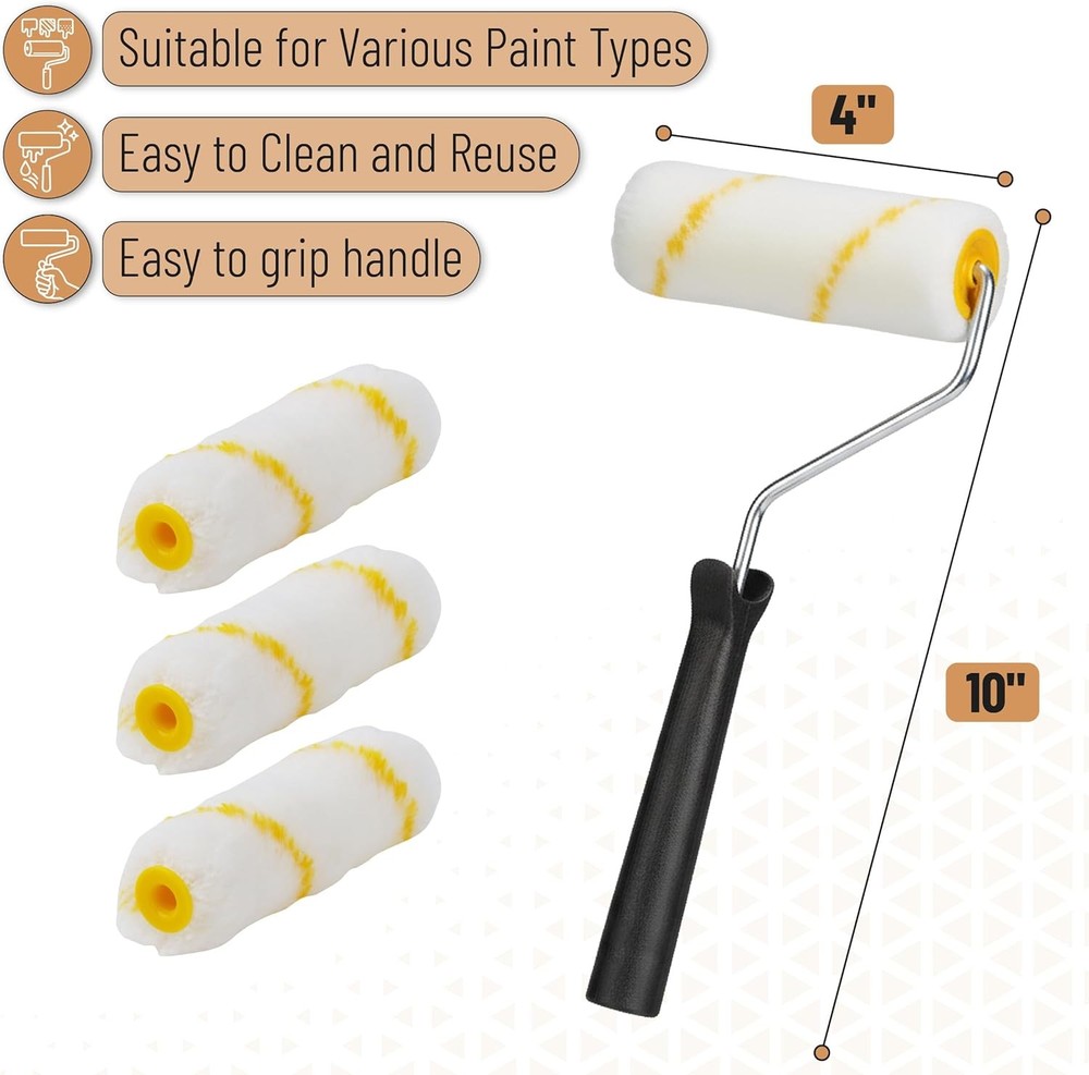 Bates- 4 Inch Paint Roller Kit, 8 pcs, 1x Plastic Paint Tray, 1x Roller Frame 4"