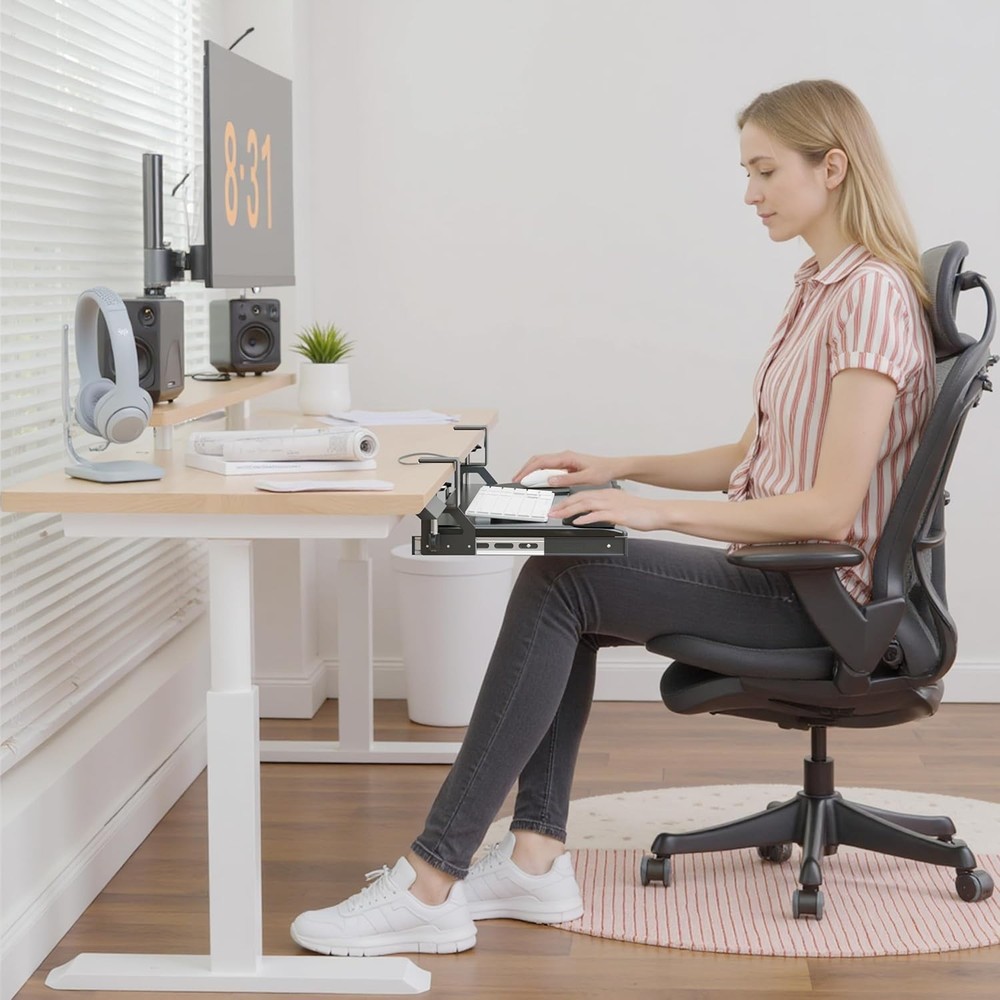 Space-Saving Adjustable Keyboard Tray with Wrist Support & Easy Clamp Attachment