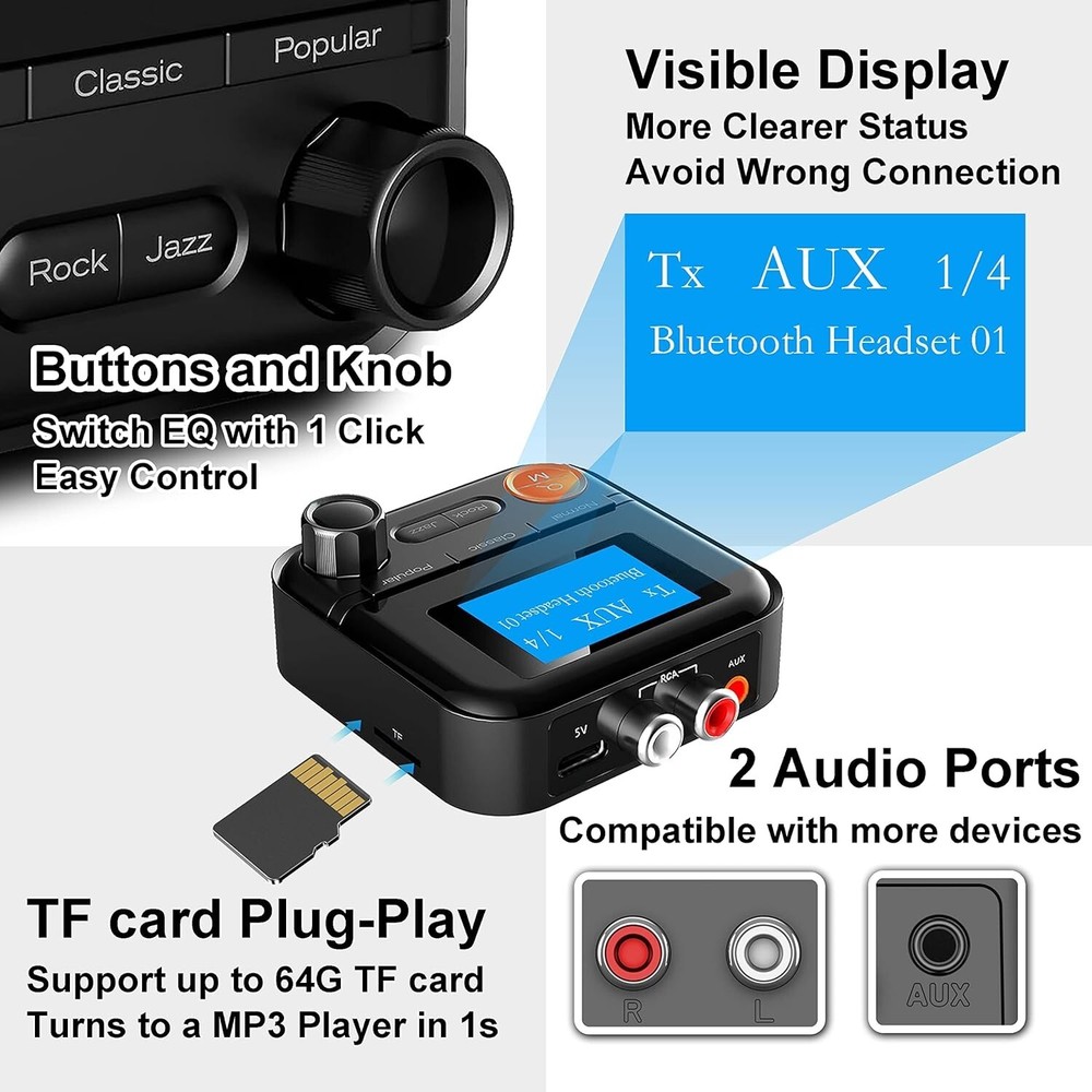 Bluetooth Transmitter, 2-in-1 Bluetooth Transmitter Receiver with LCD Screen, 5
