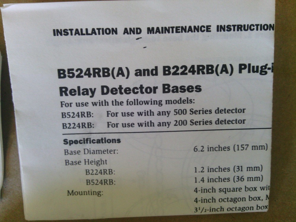 System Sensor B224RB 6" Plug-in Relay Detector Base + Intelligent Analog Board.