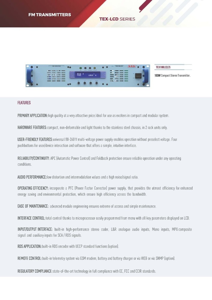 Broadcast RVR TEX 100 LCD 100w FM Transmitter with Encoder Stereo - 88 108 Mhz