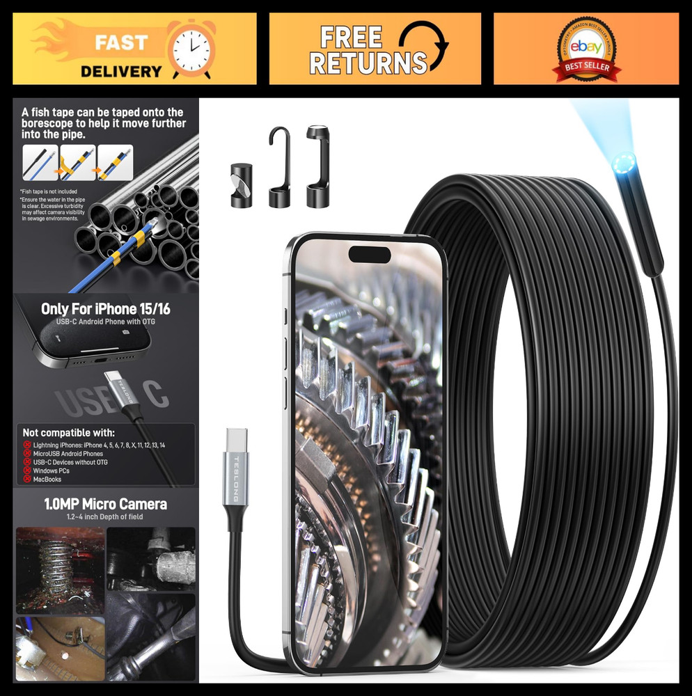 50FT USB-C Borescope Inspection Camera, Waterproof Endoscope for iPhone & Androi