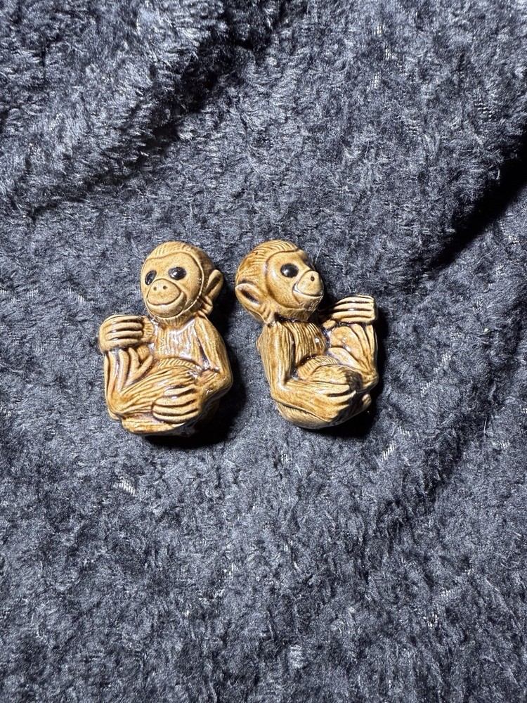2 Vintage Ceramic Macrame’ Monkeys Beads 3 inches tall.