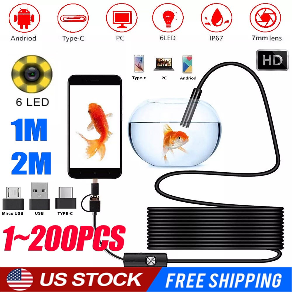 6LED USB Snake Endoscope Borescope HD Inspection Camera  For Android Type C Lot