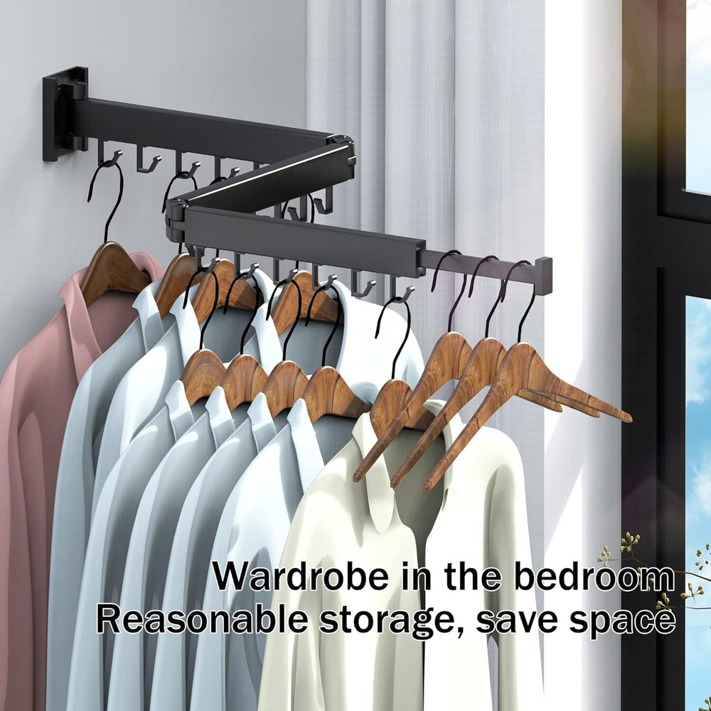 Wall Mounted Folding Clothes Drying Rack with Retractable Hooks - Modern Design