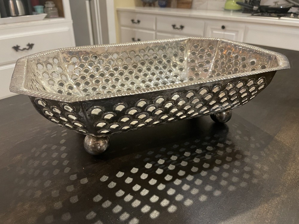 Vintage Silver Tone Ornate Rectangular Open work Hammered Footed Basket 55
