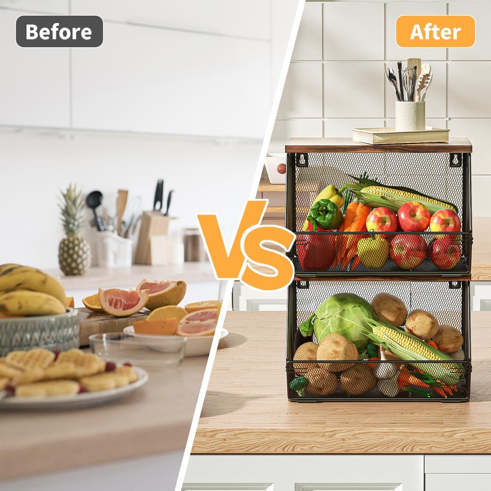 Stackable Fruit Basket for Kitchen Countertop Space Saving, Wall Mounted Mesh...