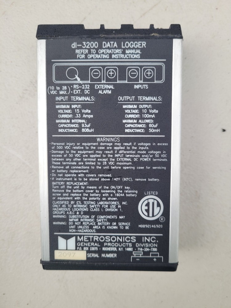 Metrosonics DL-3200 Data Logger/Metrologger w/ Interface cable and Power Supply
