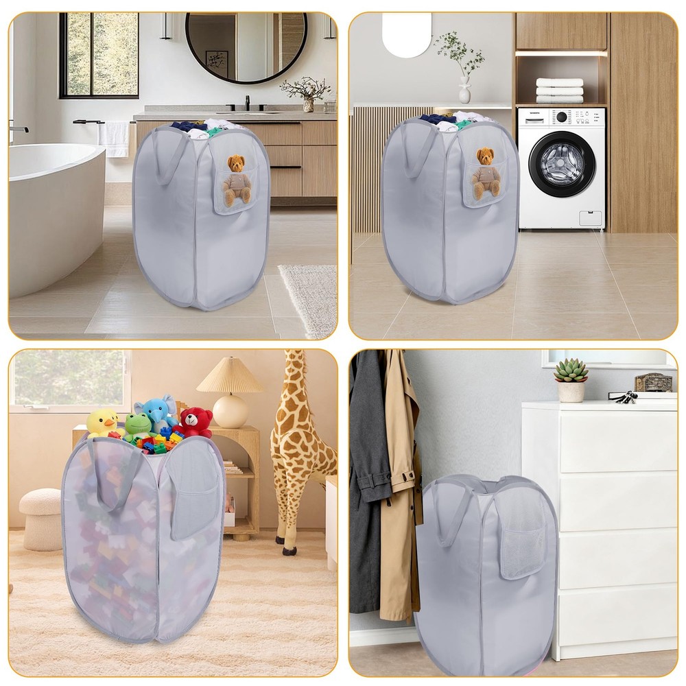 Sturdy Collapsible Laundry Baskets with Side Pocket, Pop Up Laundry Hamper Li...
