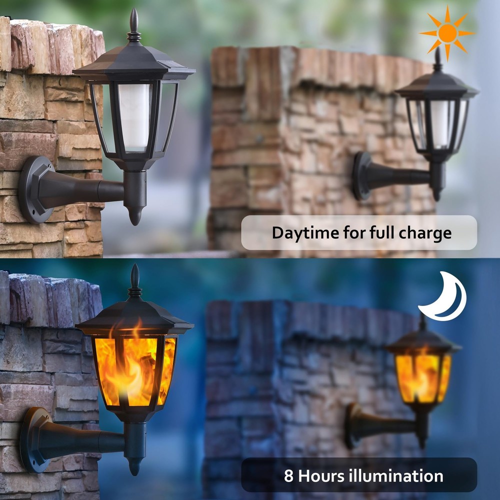 Dynaming 2 Pack Solar Flame Wall Lanterns Outdoor, Powered Mounted Sconce