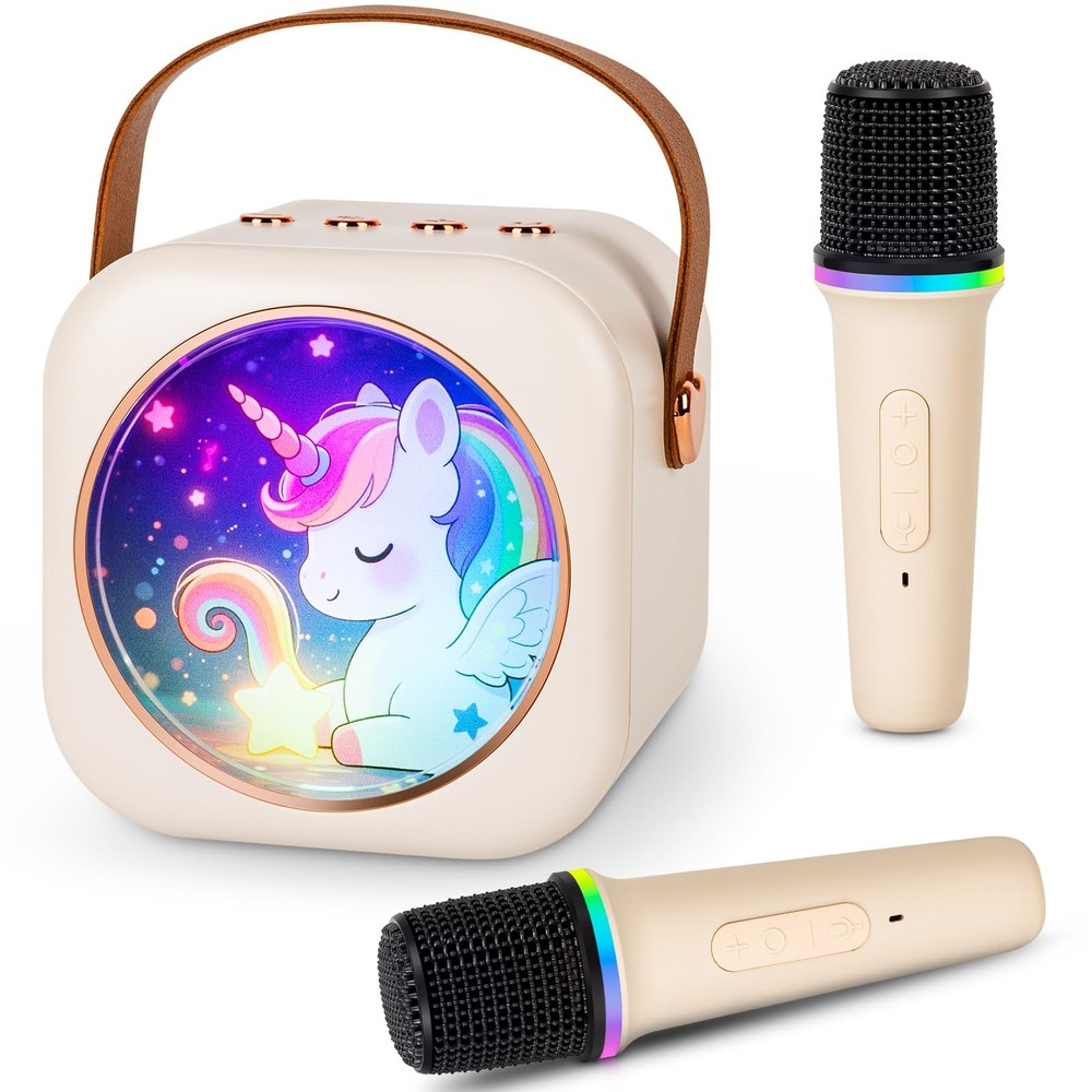 Mini Karaoke Machine with 2 Wireless Microphones, Portable Bluetooth Speaker ...