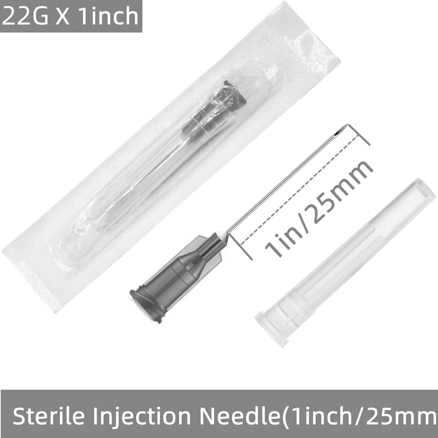 100 Pack 22Ga 1 Inch Sterile Disposable Injection Needle with Cap for