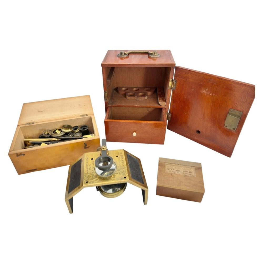 W JOHNSON & SONS LONDON DISSECTING MICROSCOPE CASED * SLIDE COMPRESSOR & MORE*