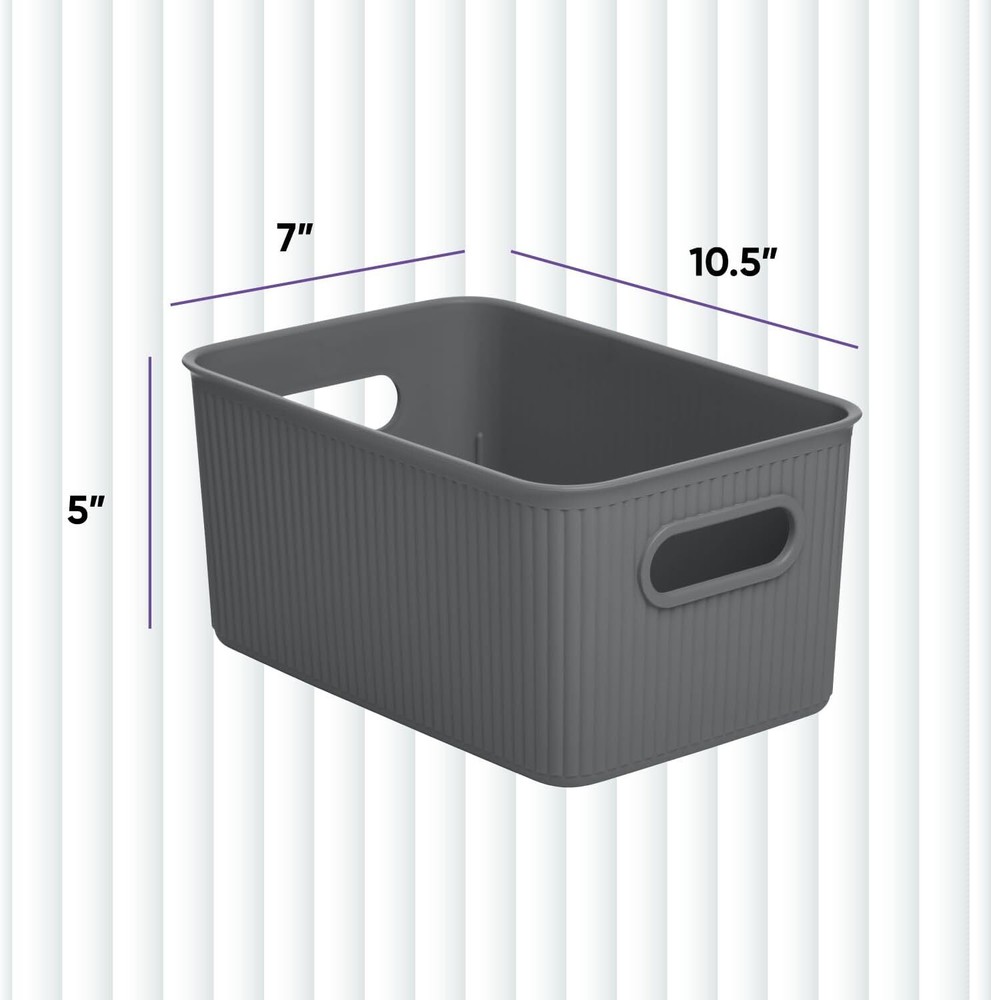 Superio 5L Small Ribbed Storage Bin- Plastic Storage Bin (2 Pack, Grey)