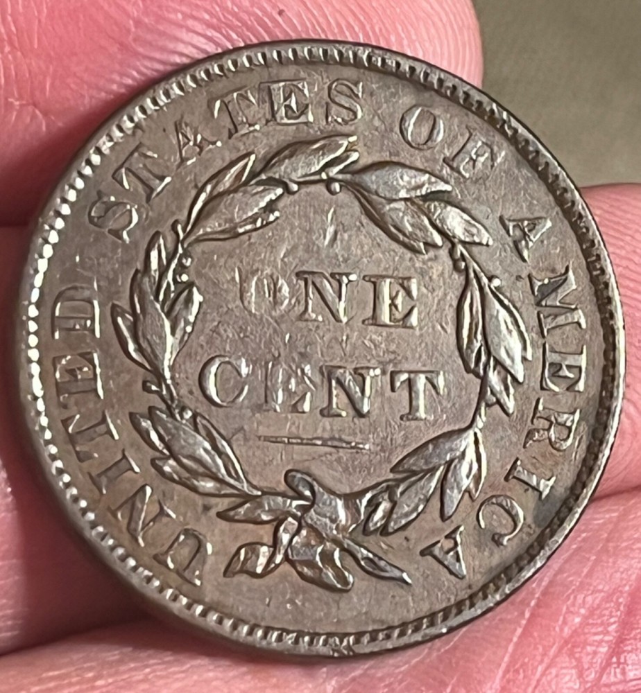 1837 large cent, plain cord, medium letters reverse, Die crack obverse. XF