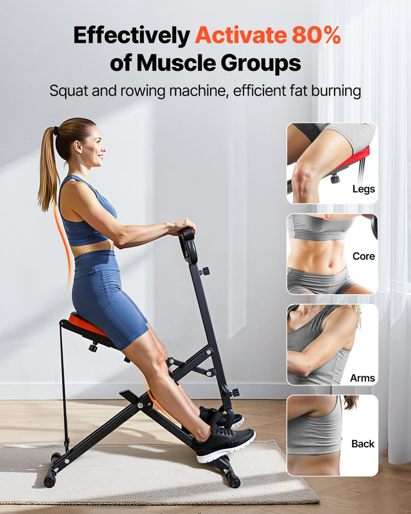 Squat & Rowing Machine, Foldable Glute Trainer with Resistance Bands, Black