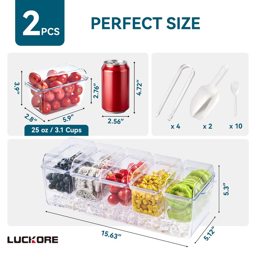 2 Pack Chilled Condiment Tray Server with 5 Containers and Removable Compartm...