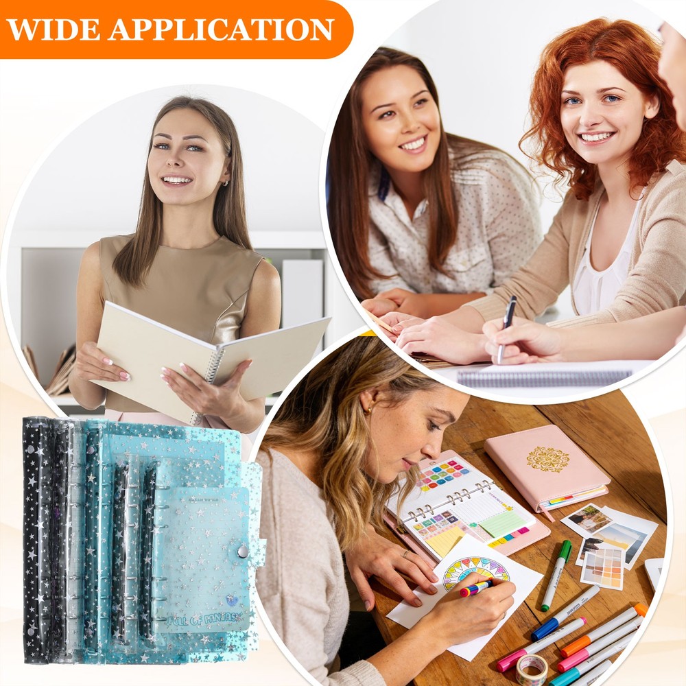 A6 Binder Cover, Stars Refillable Notebook Shell with Snap Button, Black