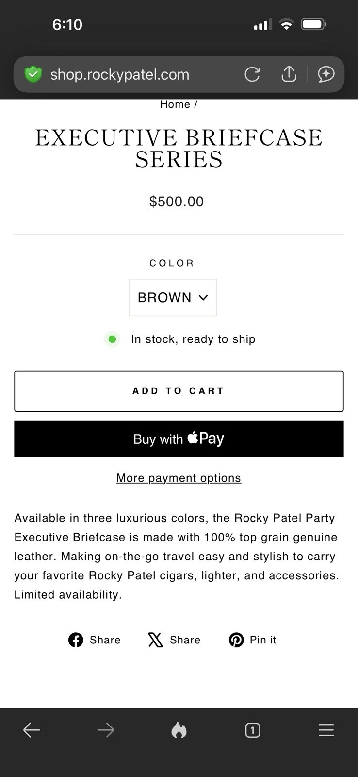 Rocky Patel Party Executive Briefcase – Brown Leather – Brand New