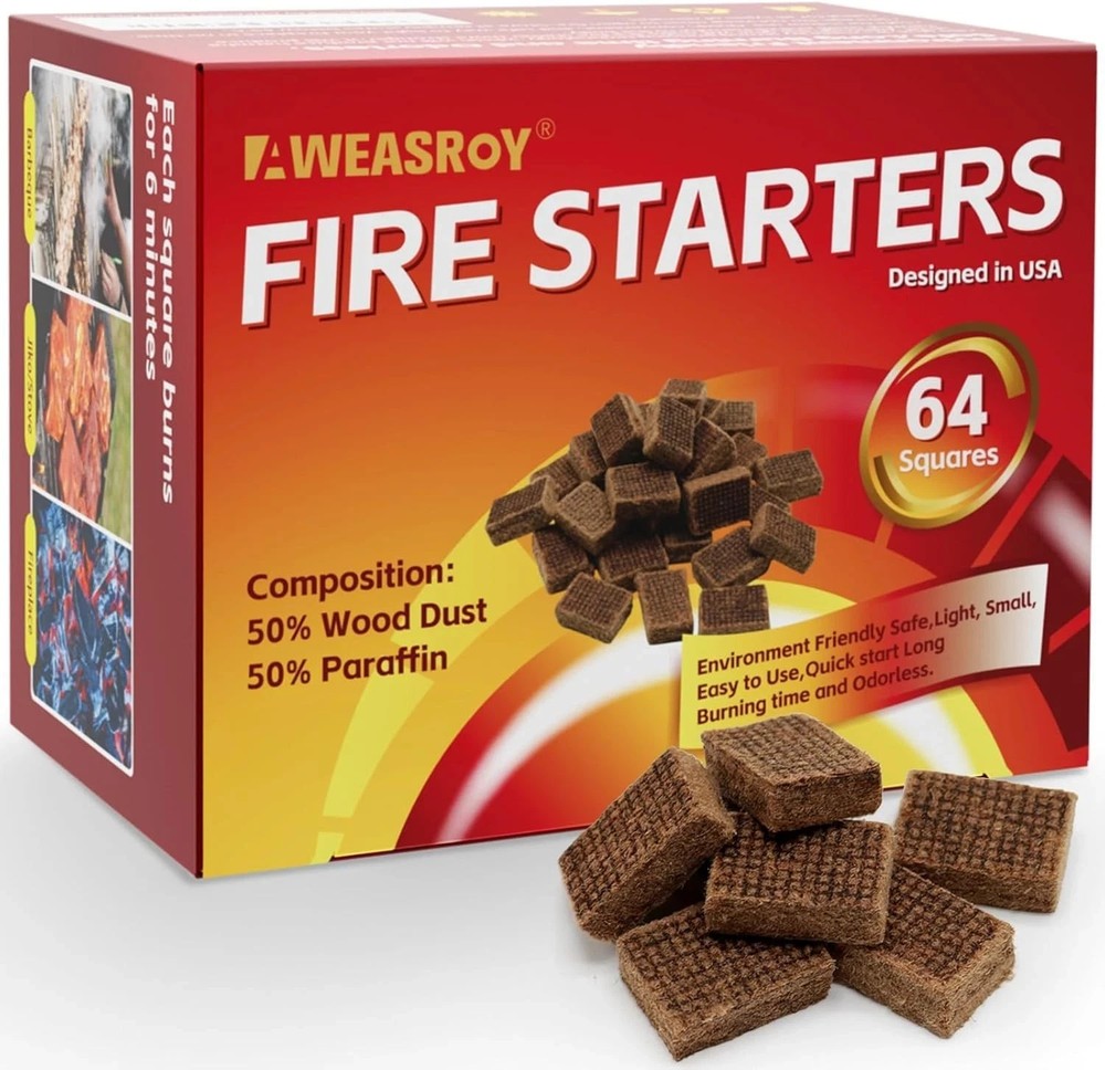Fire Starter Squares 64, Odorless Fire Starters for Fireplace, Camping..