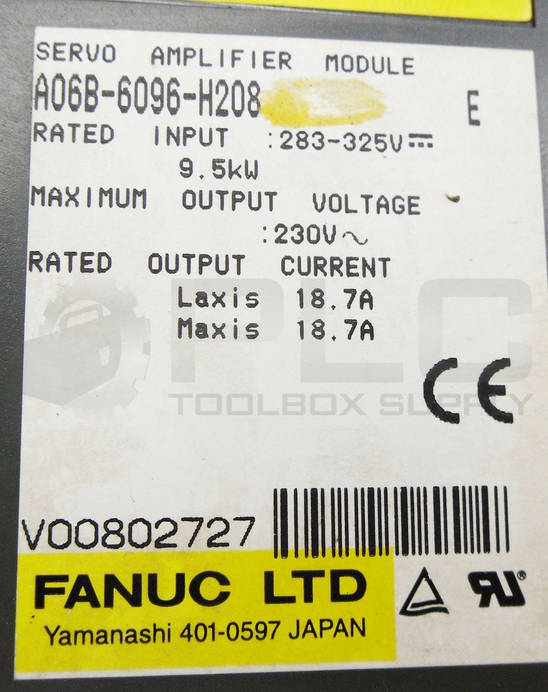 FANUC A06B-6096-H208 SER E SERVO AMPLIFIER MODULE 283-325V