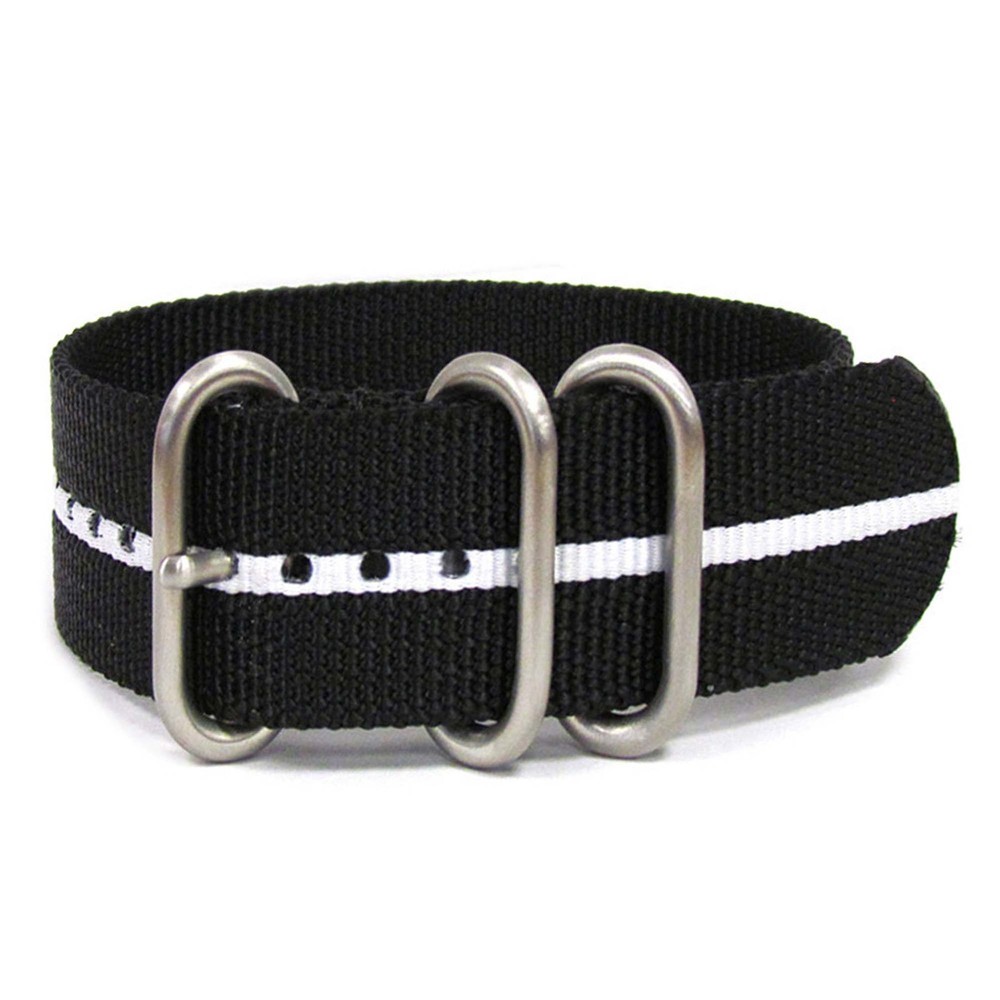 Ballistic Nylon Watch Band | 3 Ring | Black | White Stripe | Brushed Hardware