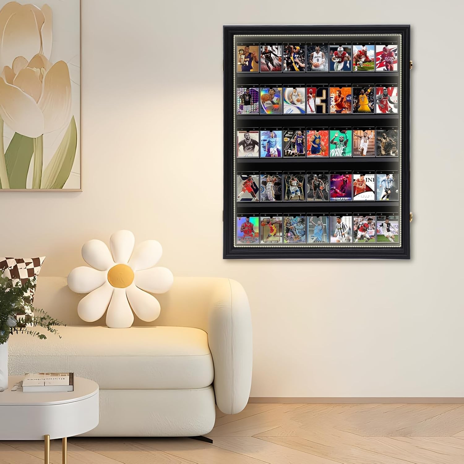 Graded Trading Card Display Case 35 LED Light Sport PSA Slabs Wood Wall Cabinet