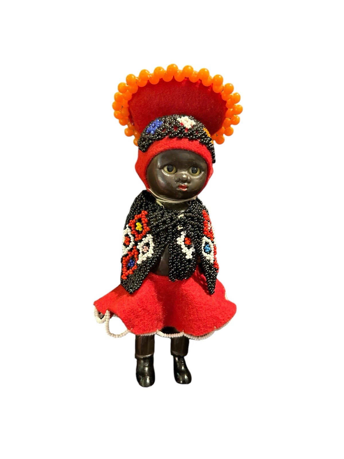 Vtg Celluloid Beaded African Tribal Doll Girl 6.5” Red Black Hanging Ornament